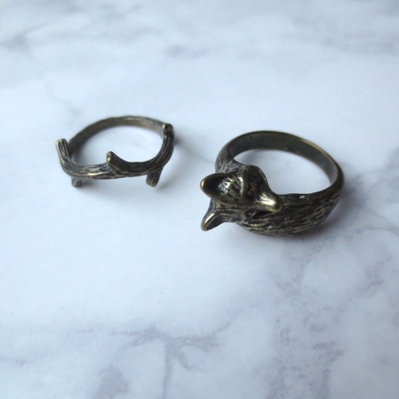 Brass Tone Nature Theme Rings Fox and Branch - Picture 4 of 4